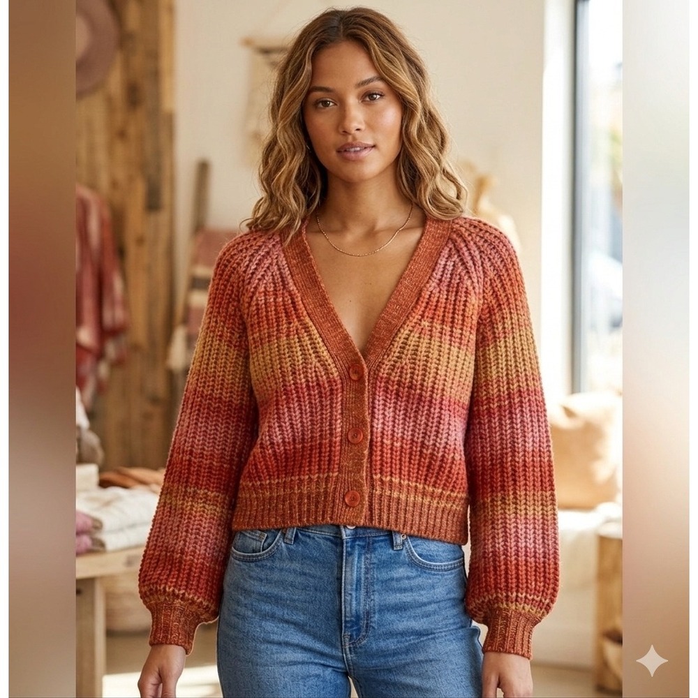 Frye Ombre Striped Cable Knit Boxy Cardigan Balloon Sleeve Rust Fall Cottage Lg.